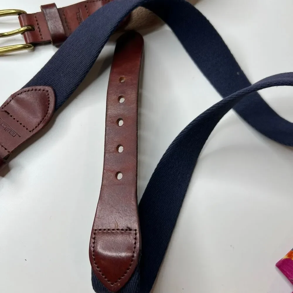 Canvas Leather-Trim Belt in Navy and Beige